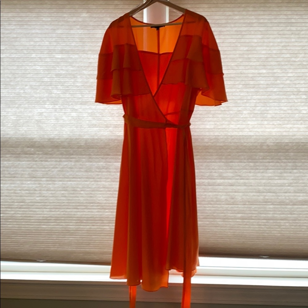 Orange Eloquii ruffle cape wrap dress